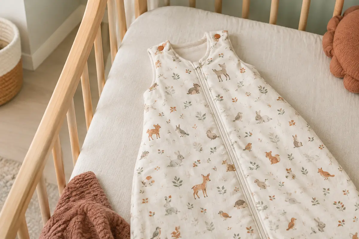 Gigoteuse pour bébé en coton à imprimé animal, sans manches, avec fermeture à glissière et col à boutons.