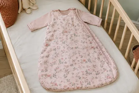 Gigoteuse rose à motif floral et manches amovibles, posée sur un lit en bois clair dans une chambre lumineuse.