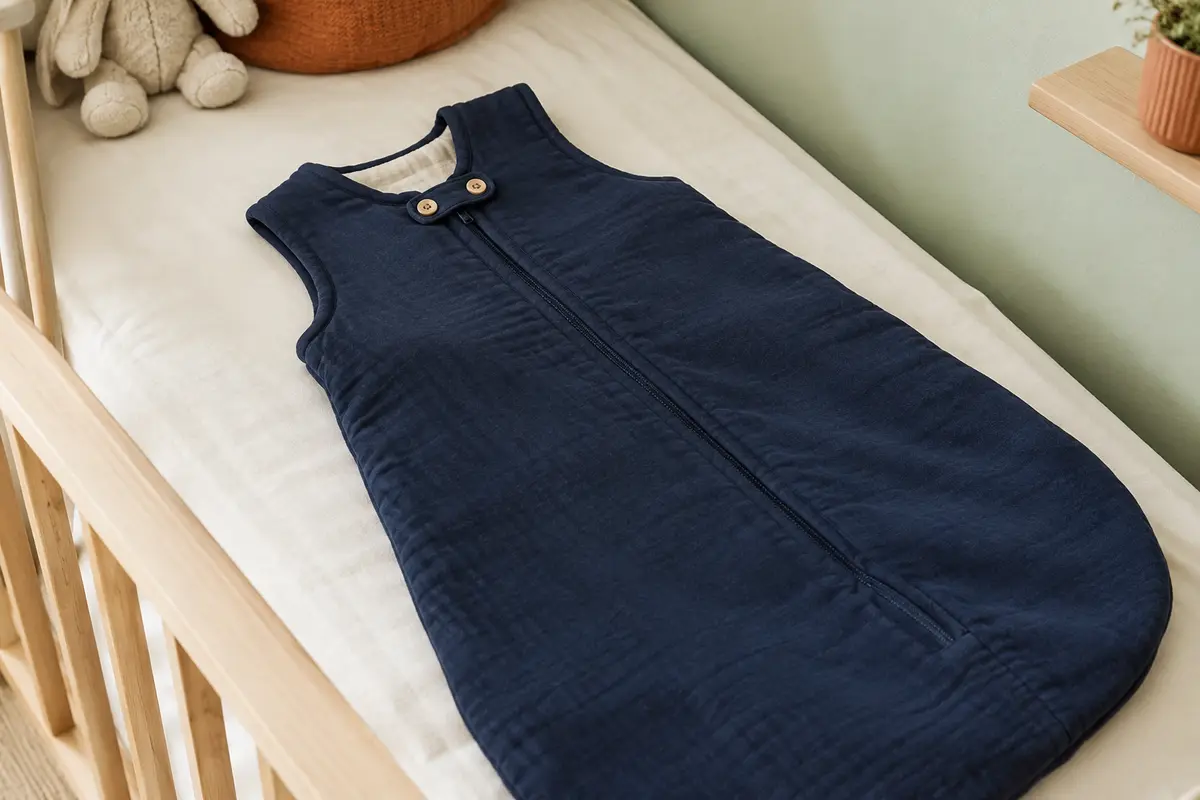 Gigoteuse bébé sans manches en coton bleu marine, avec fermeture à glissière, dans une chambre claire.