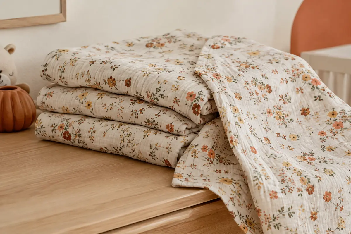 Trois couvertures d’emmaillotage en mousseline de coton à motif floral, posées sur un meuble en bois clair.