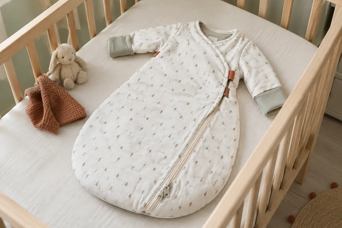 Gigoteuse d’emmaillotage en coton avec manches mi-longues, wrap ajustable et fermeture à double curseur