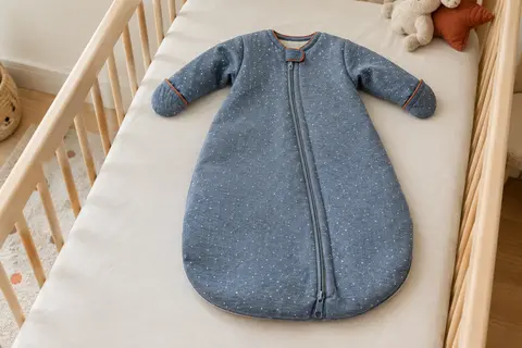 Gigoteuse de transition bleu denim chiné en coton, avec manches mi-longues, poignets rabattables et zip double sens