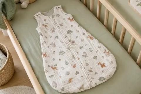 Gigoteuse d’emmaillotage en coton à motifs forestiers, avec fermeture zippée et boutons-pression aux emmanchures