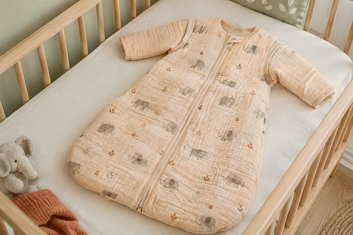 Gigoteuse bébé matelassée à manches amovibles, motif éléphant abricot, posée dans une chambre aux tons doux.