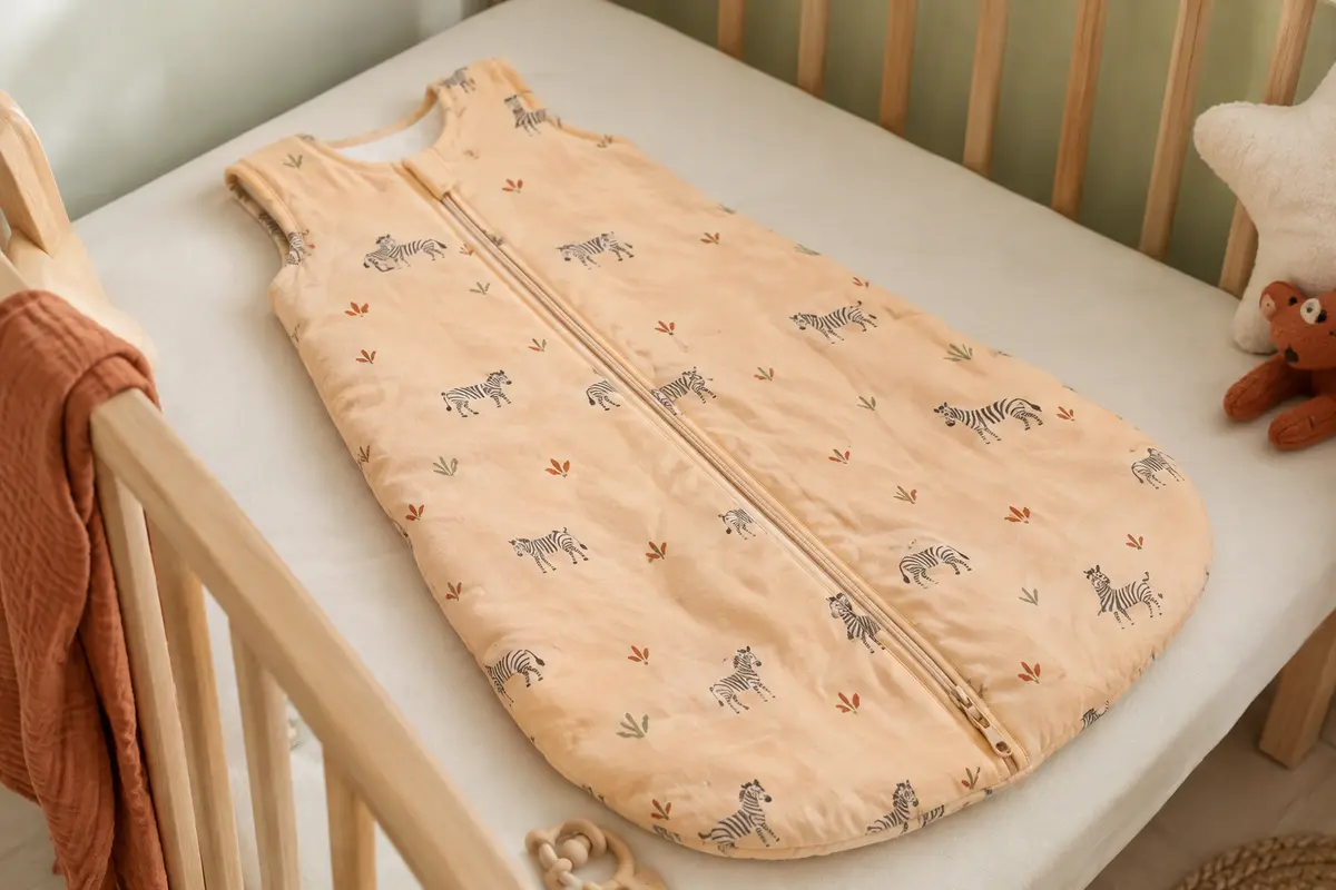 Gigoteuse bébé en coton abricot à motif zèbre, sans manches et munie d’une fermeture à double sens