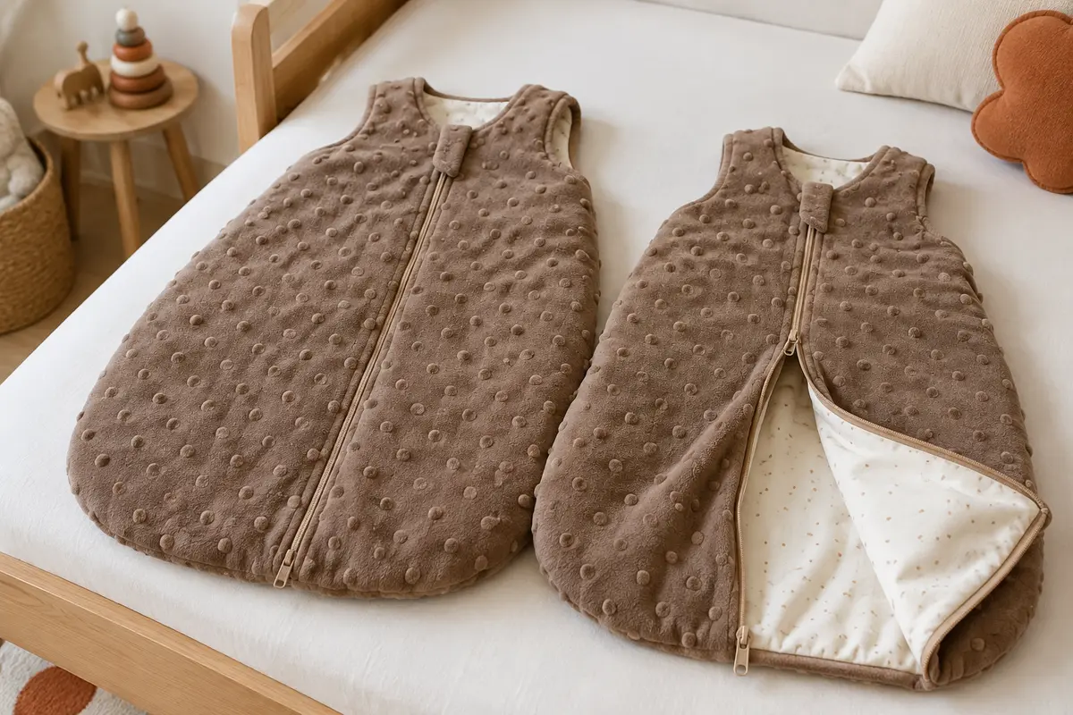 Deux gigoteuses bébé café sans manches à pois en relief, avec zip double sens et doublure en coton.