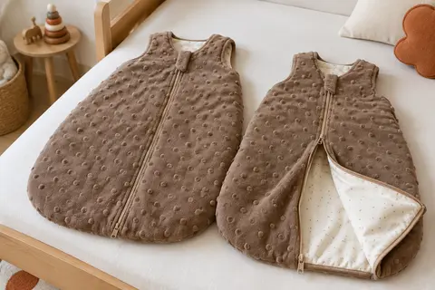 Deux gigoteuses bébé café sans manches à pois en relief, avec zip double sens et doublure en coton.