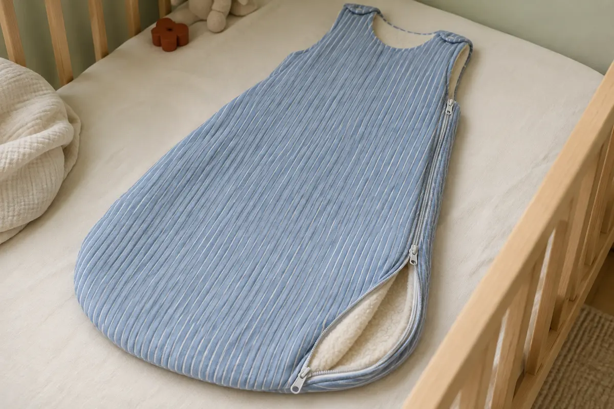 Gigoteuse bébé bleue à rayures, doublée de laine mérinos, présentée dans une chambre lumineuse.
