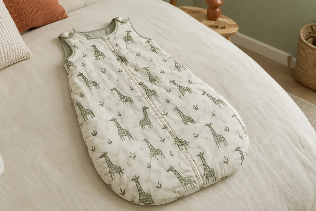 Gigoteuse bébé en coton à motif de girafes vertes, posée sur un lit dans une chambre claire.