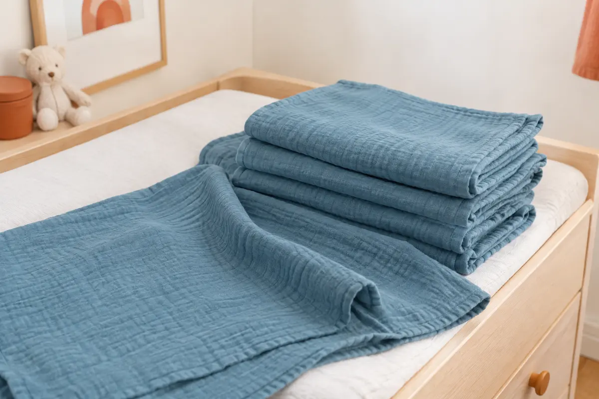 Quatre langes carrés bleu océan en gaze fine de coton et bambou, pliés sur une table à langer en bois clair.