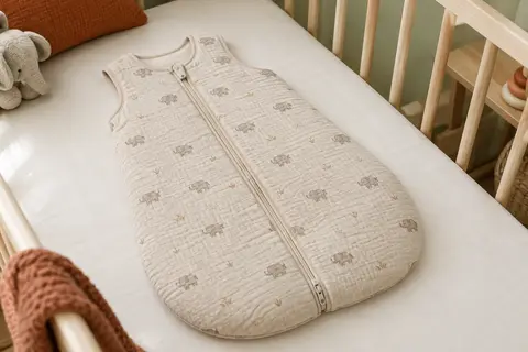 Gigoteuse bébé beige en coton à motif éléphant, avec fermeture éclair à double sens