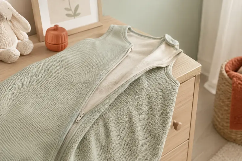 Détail de la fermeture et de la maille d’une gigoteuse dans une chambre de bébé lumineuse.
